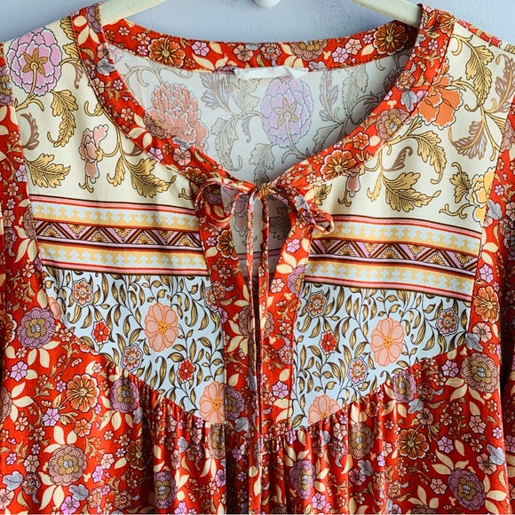 Jane & Delancey Peasant Blouse Burnt Orange Floral Paisley Boho Tassels Small - Picture 2 of 7